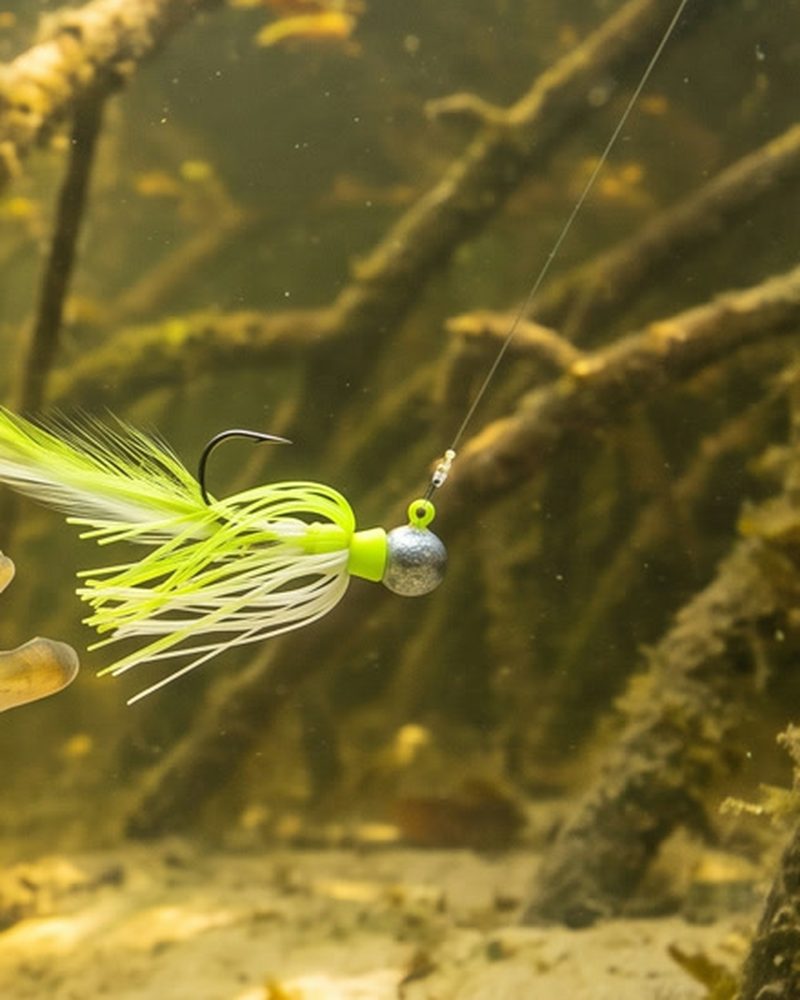 Micro jig com saia de silicone verde e pena, perto do fundo de areia
