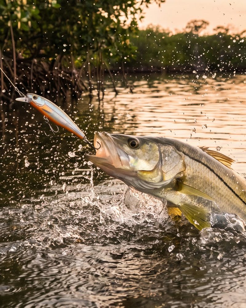 Robalo saltando da água para atacar um plug na beira do mangue